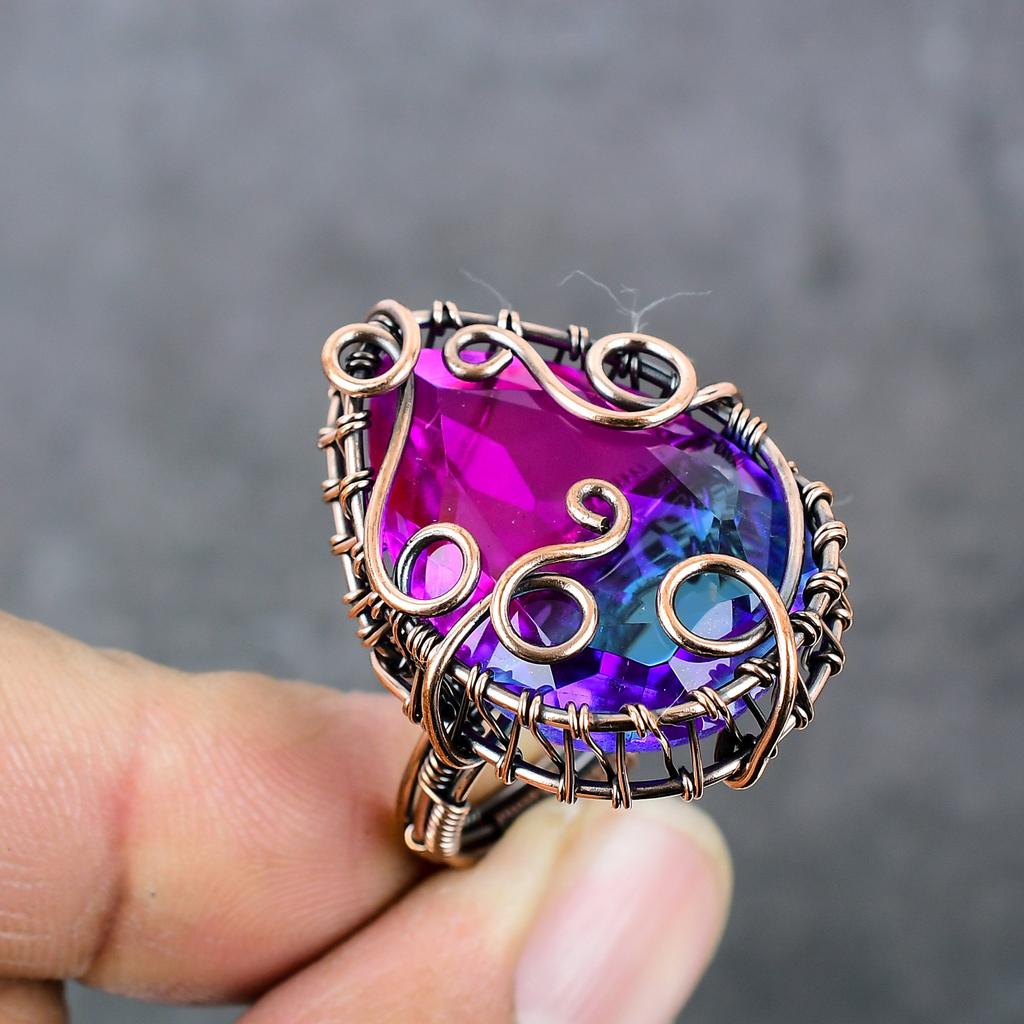 Natural Bi-Color Tourmaline Copper Wire Wrap Gift Jewelry Ring Size 8 A3j49