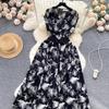 Summer Vintage Women Print Long Dress Elegant V-Neck Sleeveless High Waist A-Line Maxi Vestidos Female New Fashion Robe