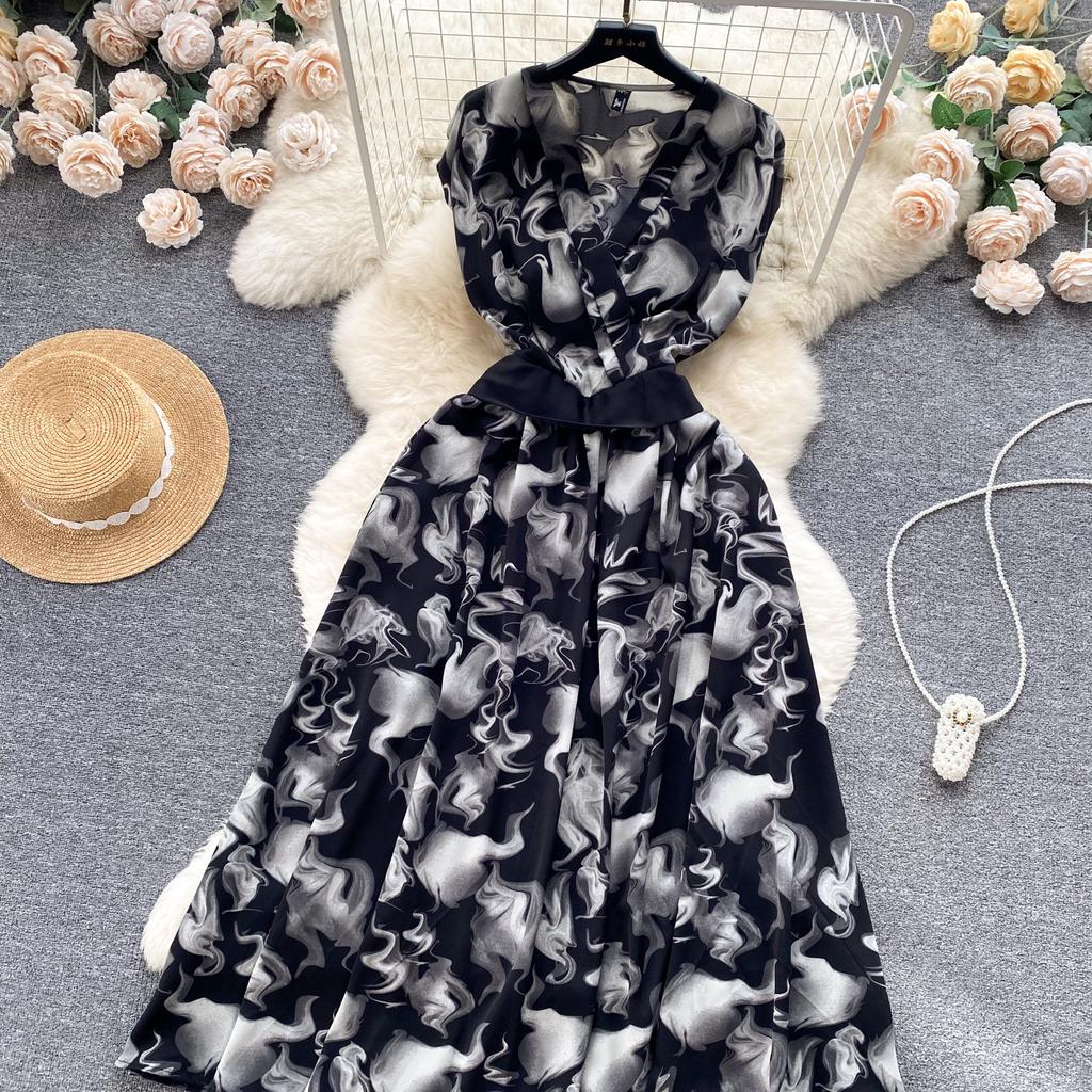 Summer Vintage Women Print Long Dress Elegant V-Neck Sleeveless High Waist A-Line Maxi Vestidos Female New Fashion Robe