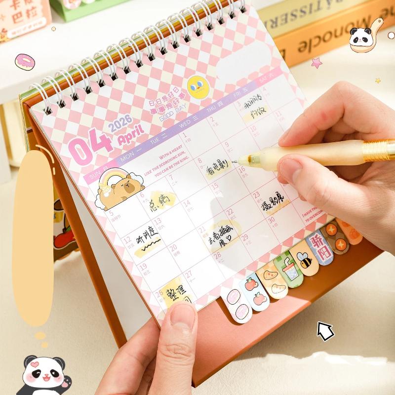 Hot Sale Portable Coil 2026 Desk Calendar Capybara/Panda Desktop Decor Mini Calendar Schedule Planner Office School Supply