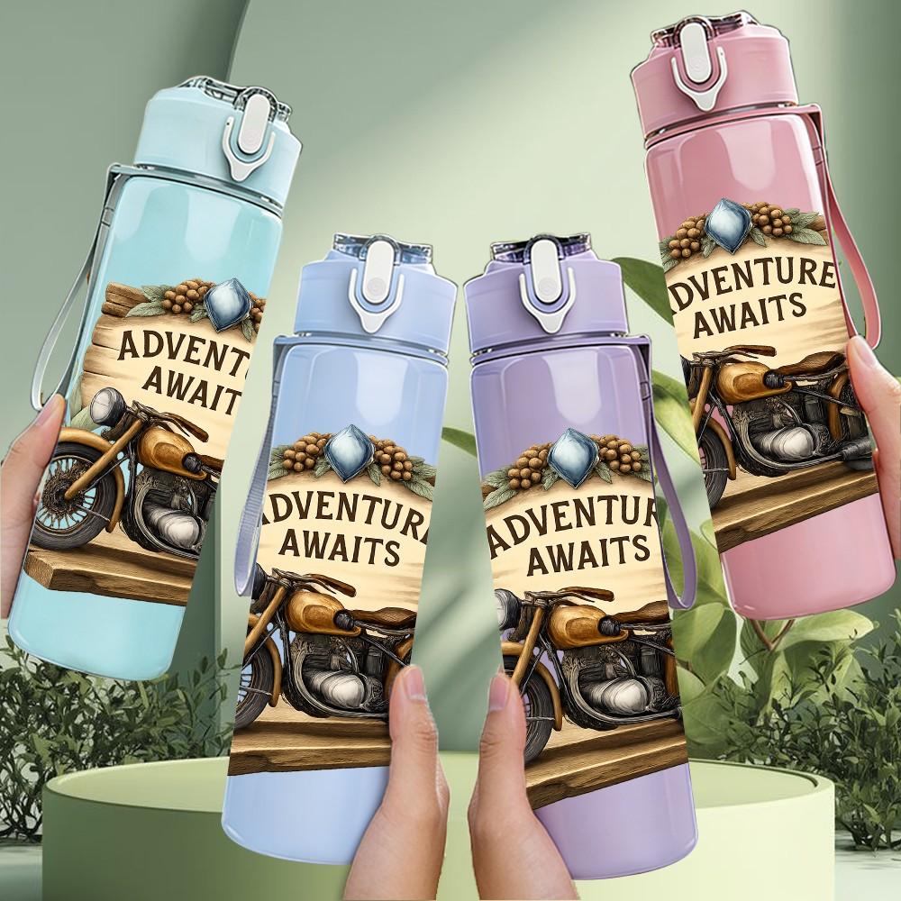 1PC Adventure Awaits Motorcycle Art 750ml Color Plastic Sports Water Bottle Leakproof Flip Straw Lid Suitable for Sports Office Home Use