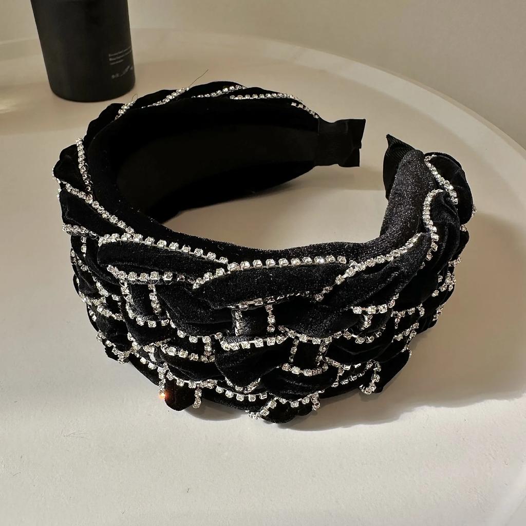 Черные хрустальные повязки на голову для женщин, девушек, бархатные, с подкладкой, ювелирные изделия, цепочка со стразами, повязка для волос, ручная работа, ретро, бриллиантовые аксессуары для волос