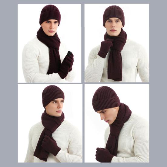 3Pcs/Set Women Winter Hat Scarf Gloves Set Solid Color Knitting Hat Long Scarf Touchscreen Gloves Set Winter Accessories