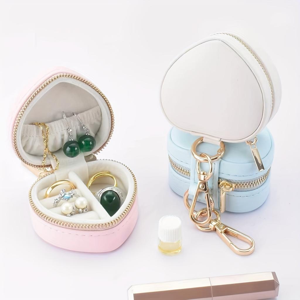 1pc Mini Jewelry Box, Heart-Shaped Jewelry Organizer with Keychain, Zipper Closure, Portable Jewelry Box, Jewelry Boxes