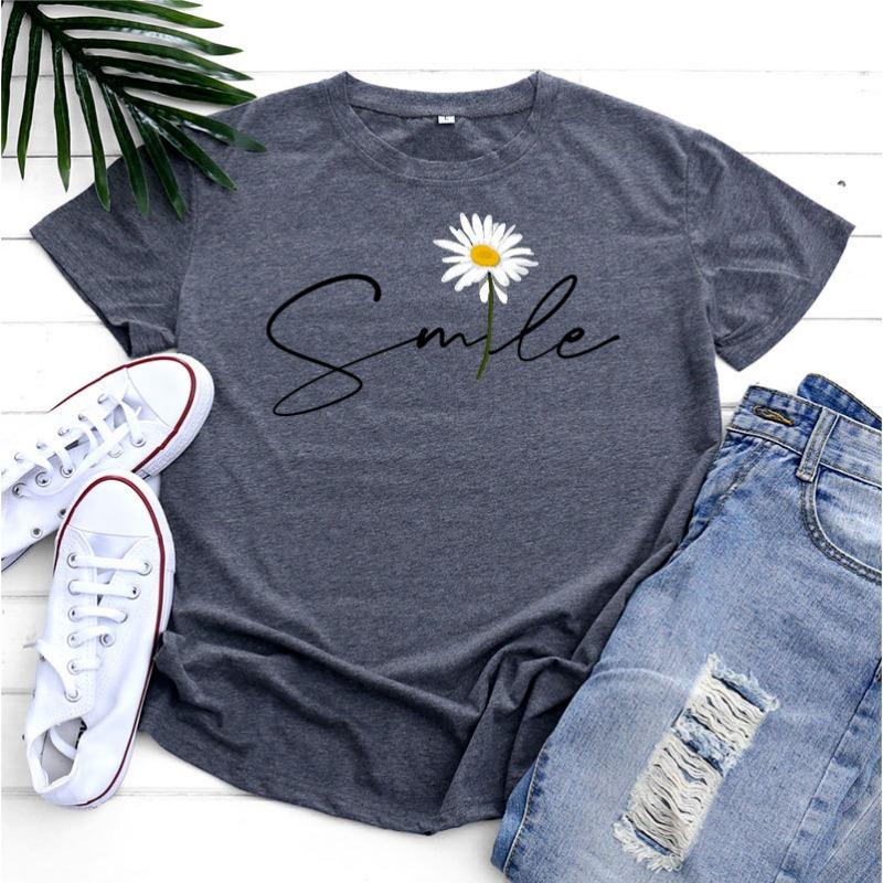 Summer Round Neck Daisy Pattern Printed Top Fashionable Casual Short Sleeved Women's Pure Cotton T-shirts