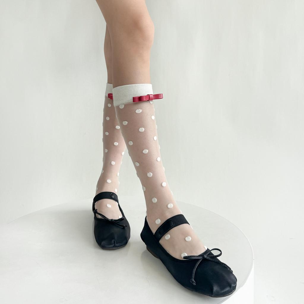 Black White Nylon Long Socks Stockings Women Ultra-thin Transparent Polka Dot Crystal Silk Socks Cute Bow Sweet Girls Knee Socks