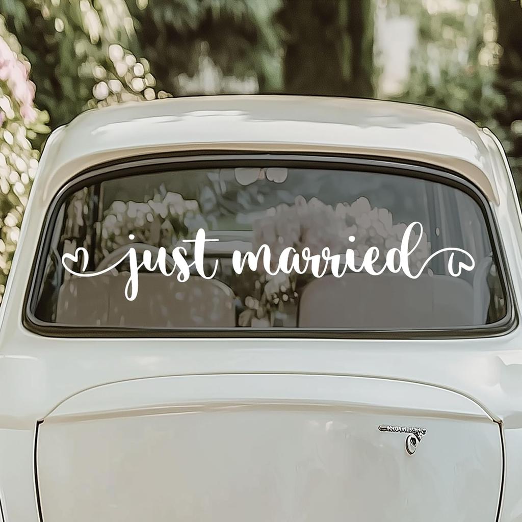 Just Married Car Vinyl Decal for Window Wedding Car Decal Wedding Vehicle Sticker Car Decal Heart Bird Sticker for Newly Weds 28x5.2 in