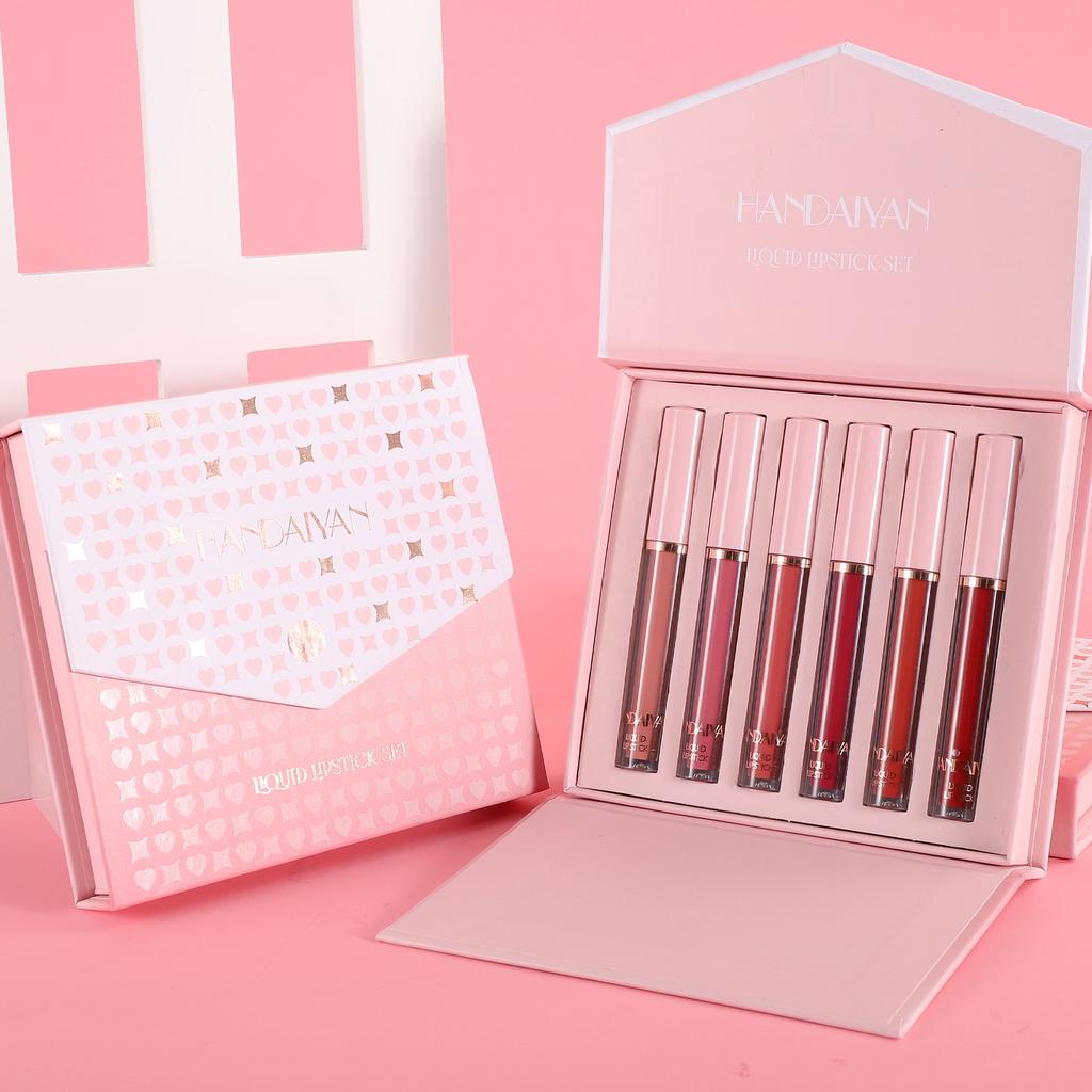HANDAIYAN Lip Glaze Set Liquid Matte Crystal Lipstick Non-stick Cup Non-Fading Jelly Color 6 Lip Gloss Gift Box