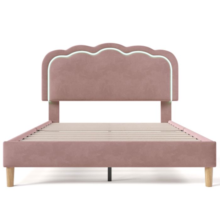Cadre de lit LED - MUVOE - 140 x 200 cm - Tête de lit réglable - Velours rose - Ambiance chic
