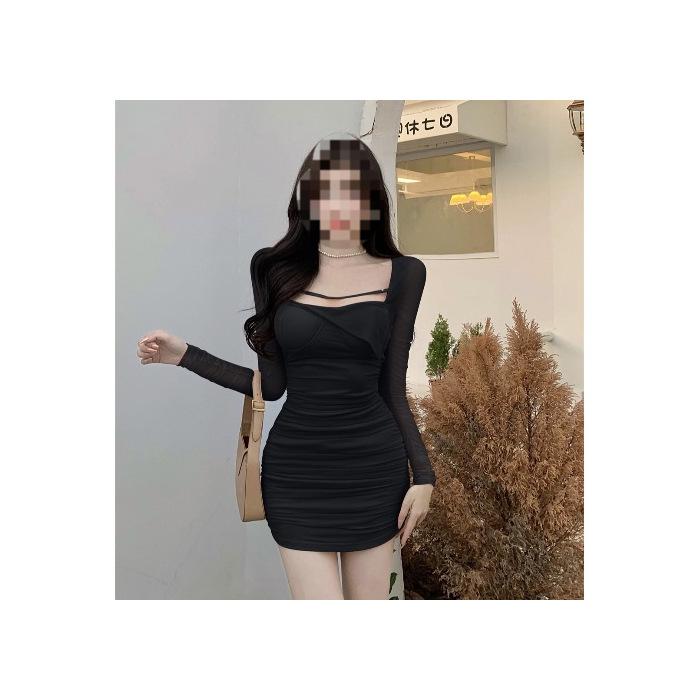 Spring Summer French Square Neck Puff Sleeve Bodycon Dress - Waist Cinched, Slimming Short Skirt