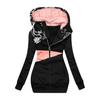 Women Fall Winter Zipper Hoodie Color Block Print Medium Length Hooded Coats Tops