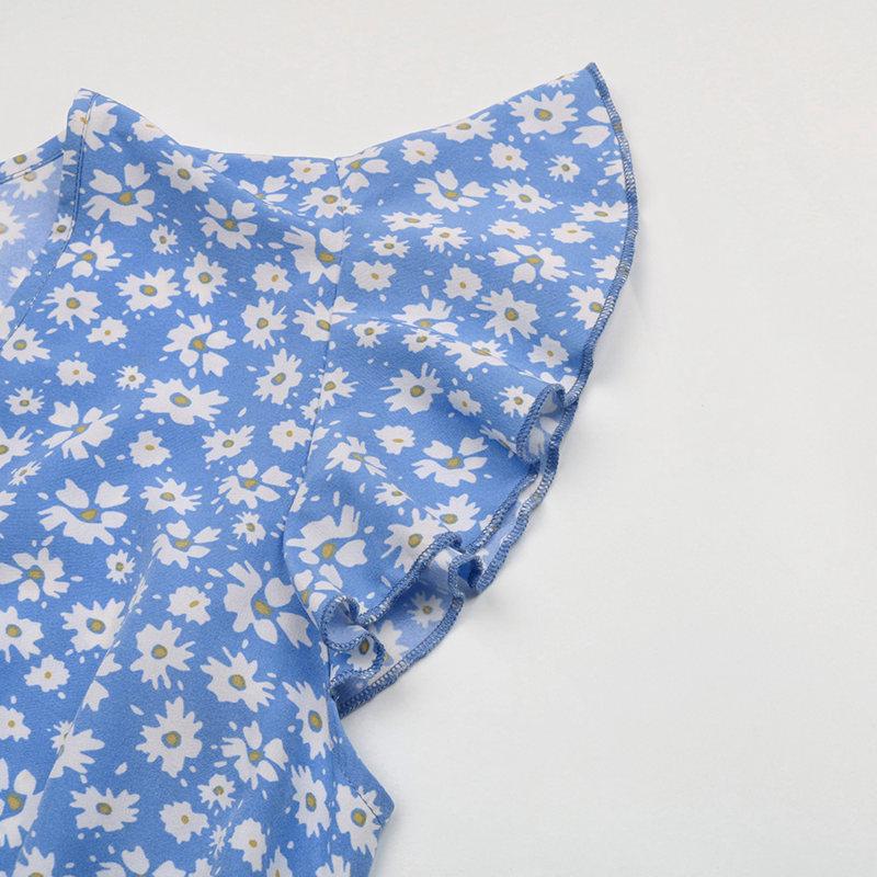 Женское платье с цветочным принтом и V-образным вырезом с летающими рукавами и высокой талией