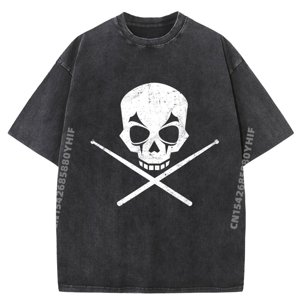 Drummer Drum Sticks Skull Black Metal Halloween Thanksgiving Gothmas Washed Tops T Shirt Tee Shirt