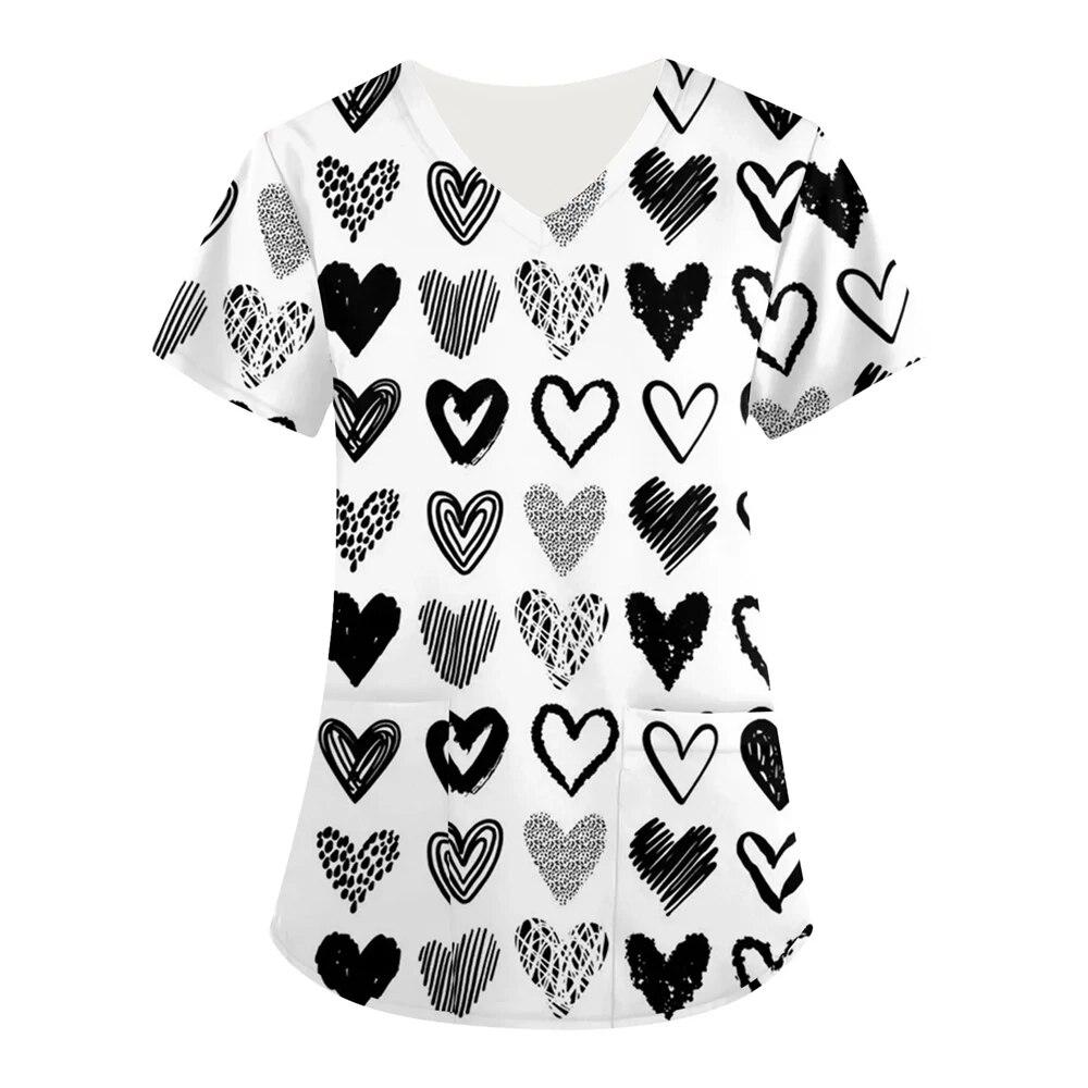Женские скрабы, топы, униформа медсестры, футболка с сердечком и 3d принтом, женский модный комбинезон с v-образным вырезом и карманами, медицинская униформа, рабочая одежда