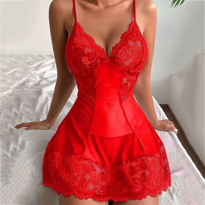 Трендовая красная ночная сорочка с V-образным вырезом, цветочной вышивкой и регулируемыми бретелями