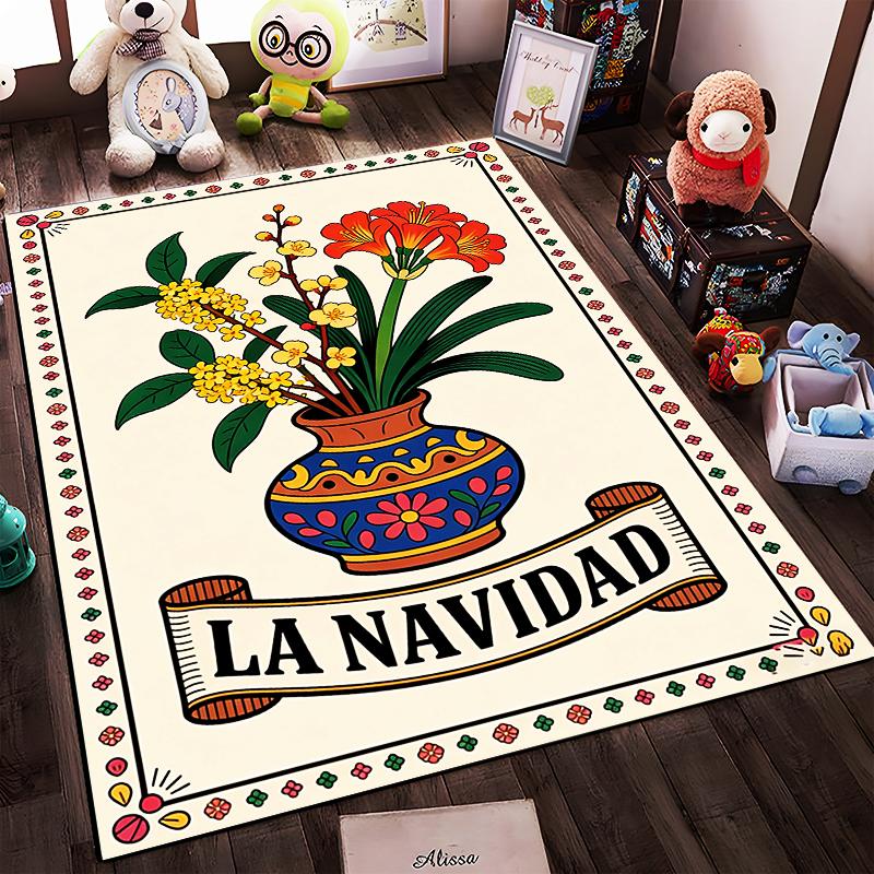 Floral Vase Print Rug with "La Navidad" Text and Festive Design Suitable for use as an anti-slip for living room bedroom sofas