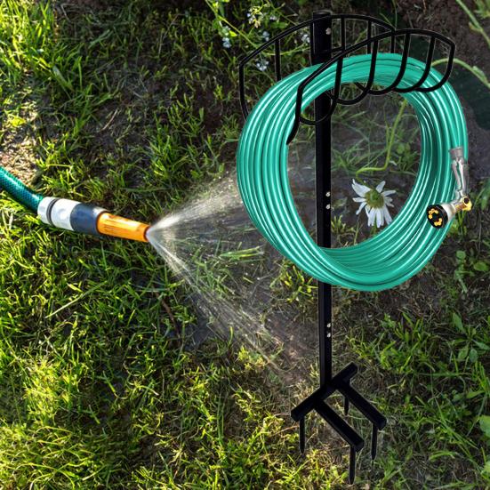 Держатель садового шланга с 4 шипами Прочная металлическая подставка снаружи Съемная катушка для шланга