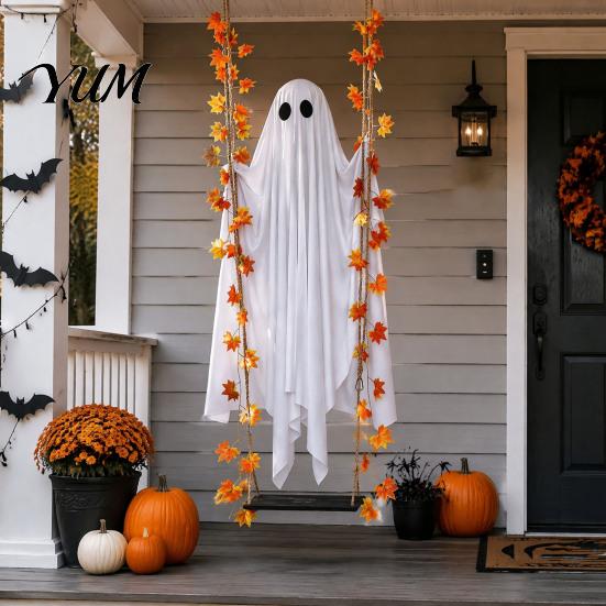 Decorative Festival Ghost Items Light Up Hanging Swinging Halloween Decoration with Remote Control, Large White Spooky Outdoor Yard Decor Ornament