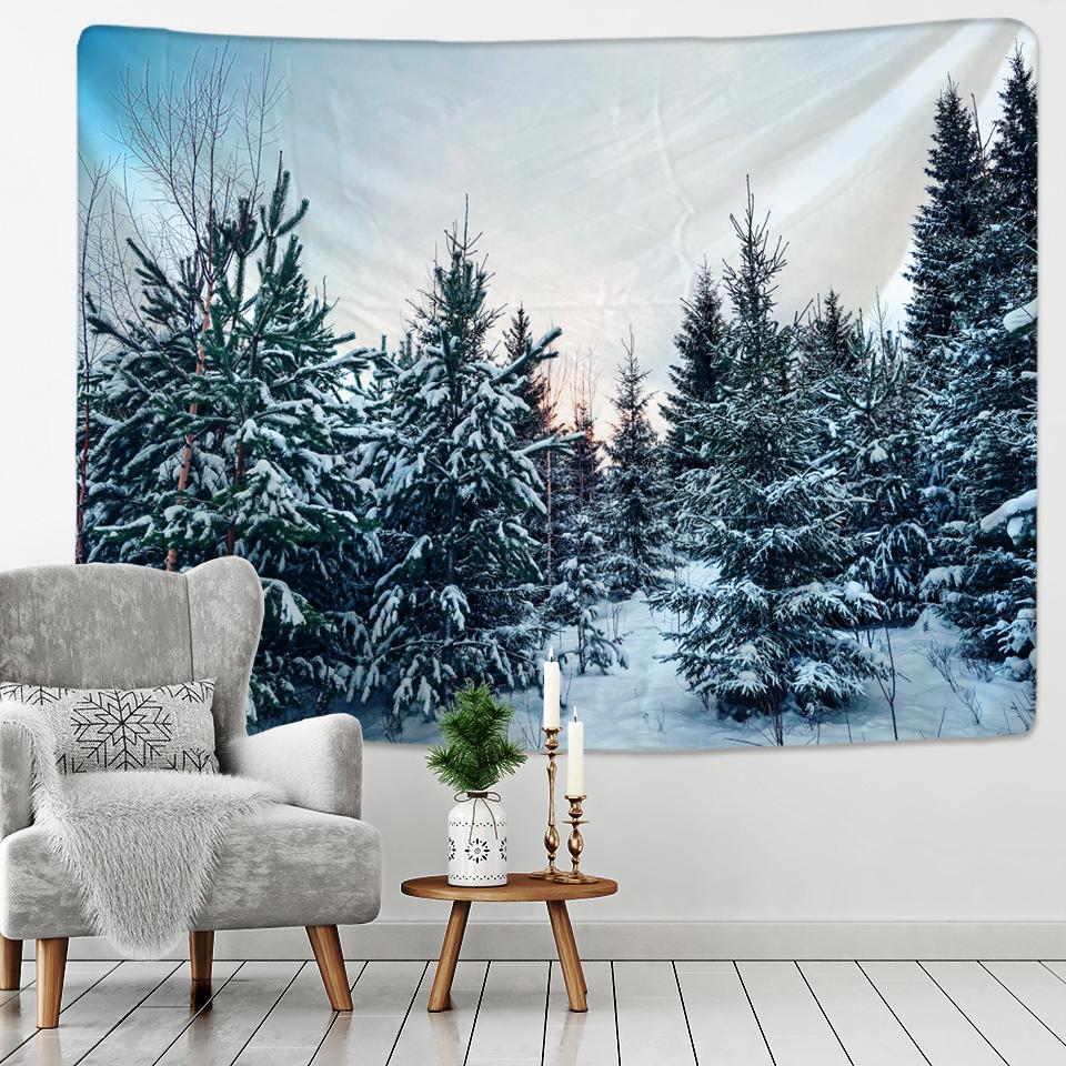 Christmas Snow Scene Home Decor Tapestry Forest Cottage Boho Decoration Hippie Christmas Tree Wall Decor Backdrop Fabric
