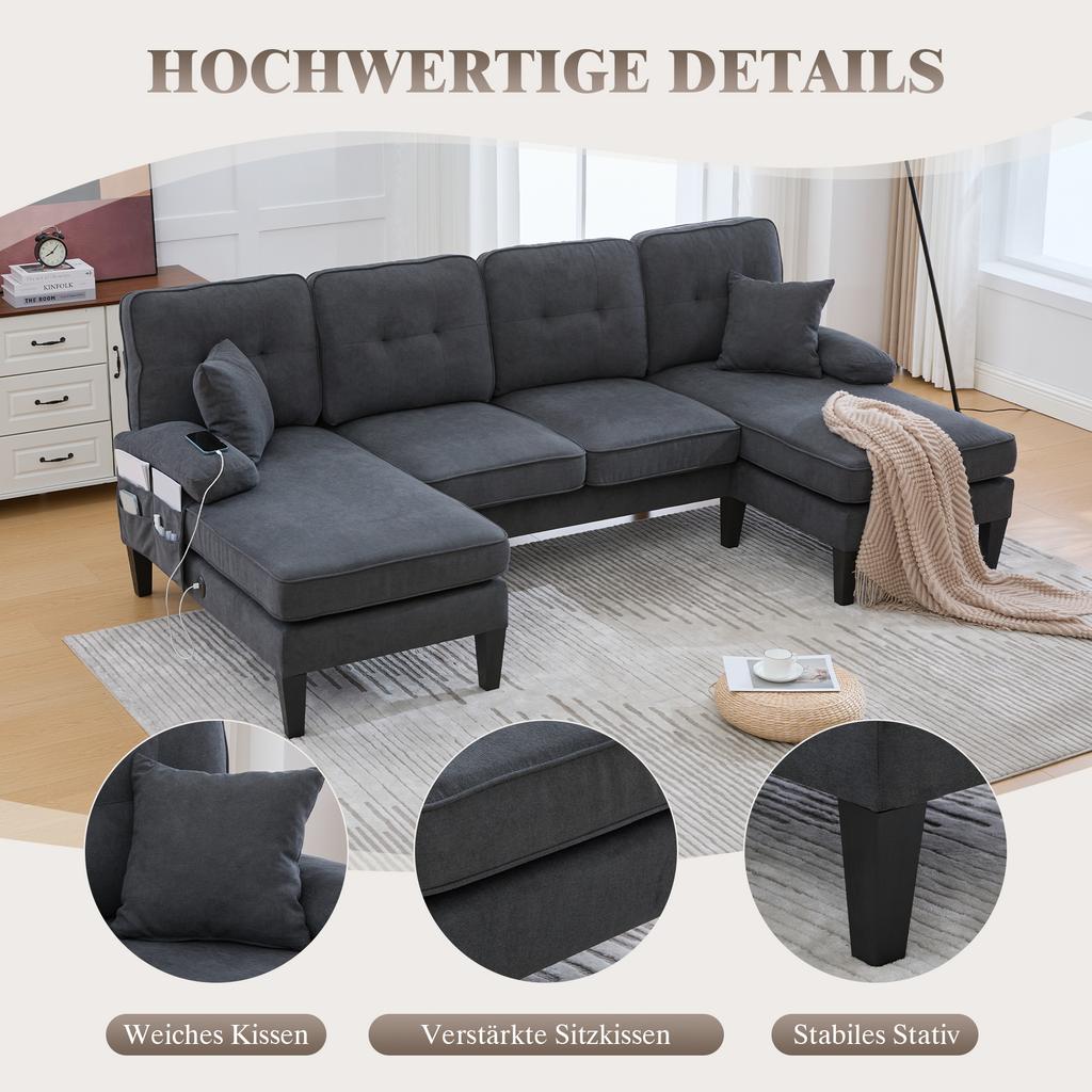 Large U-Shaped 4-Seater Sofa in Soft Linen Fabric, Modern Backrest, Two Chaise Lounges, Sturdy Legs, Cozy Seat Cushions, Decorative Pillows, Dark Grey