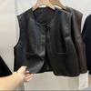 European Chic PU Leather Round Neck Single-Breasted Vest - Women's Spring/Fall Sleeveless Jacket