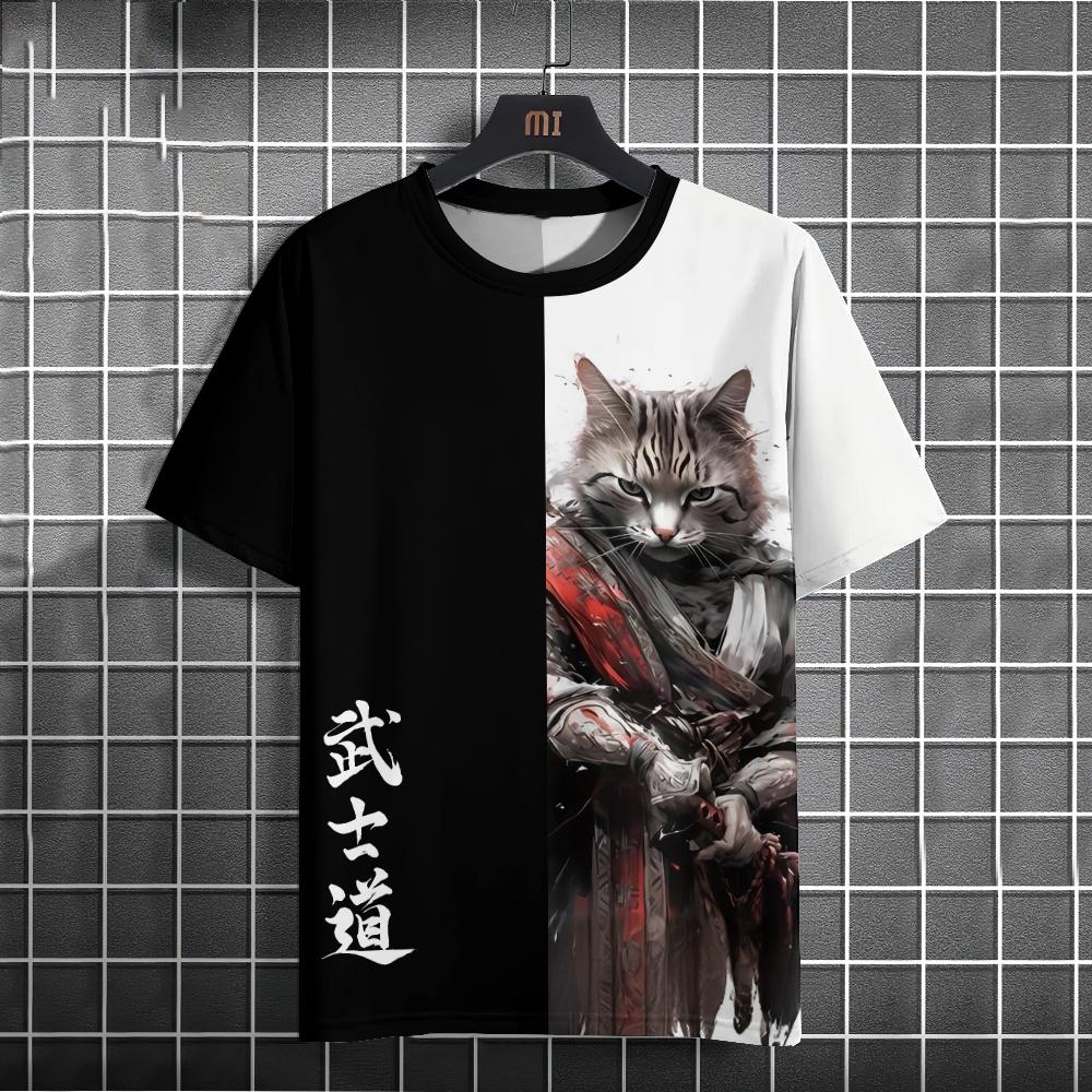 Футболка с изображением самурая и кота японского аниме для мужчин, топы с короткими рукавами и 3D животным принтом, футболка, повседневная футболка, рубашка большого размера, мужская одежда
