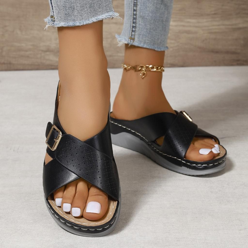 2026 Women's Wedge Sandals Summer New Solid Color Cross Strap Beach Sandals Outdoor Anti-slip Casual Female Platform Slippers