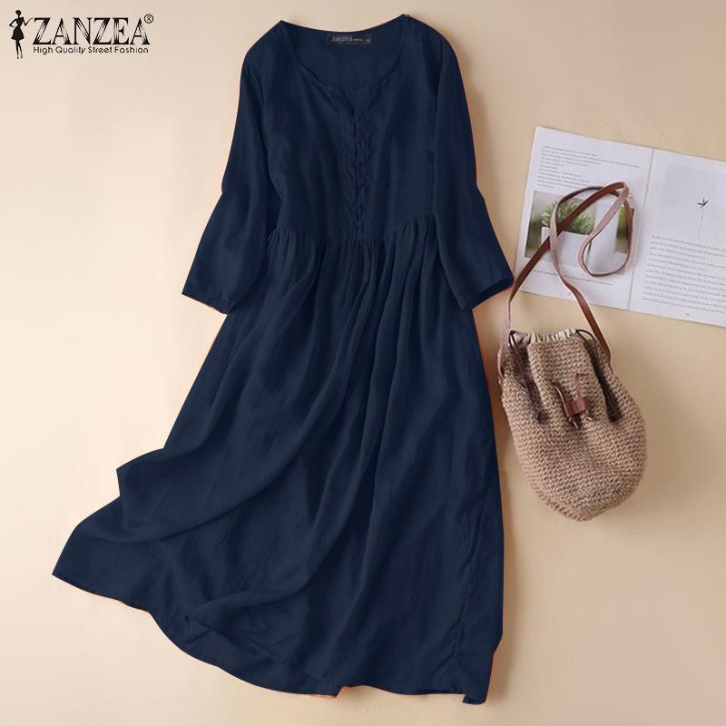 ZANZEA Women Casual O-neck Long Sleeve Summer Cotton Dress