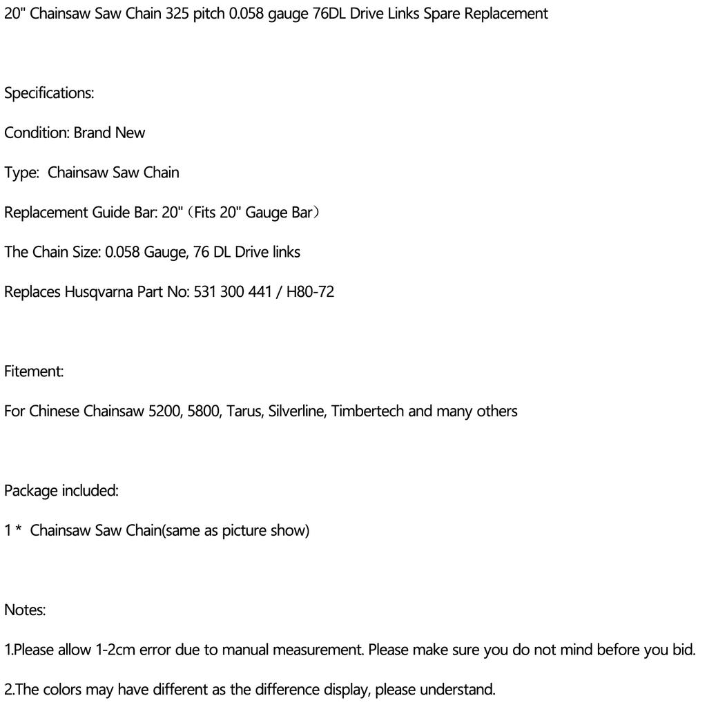 20" Цепь для бензопилы Шаг .325 Толщина .058 76 ведущих звеньев Запасная замена
