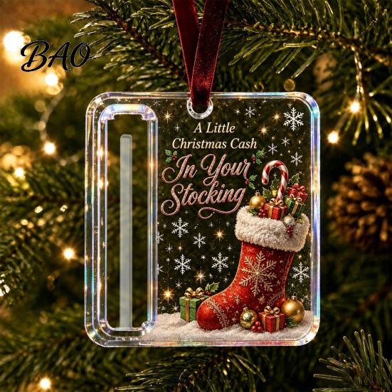 Surprise Cash Gift Packaging 2Pcs Christmas Holder Ornament, Acrylic Money Hanging Decor with Holiday Party Santa Snowman Design, Tree Pendant