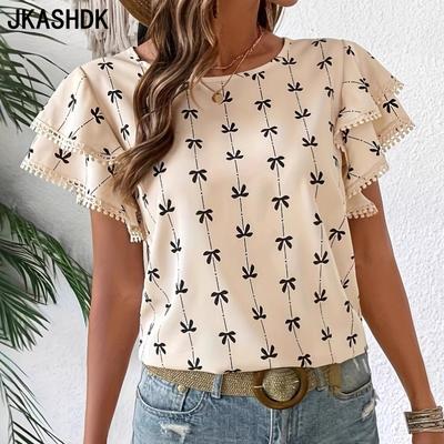 Женские модные повседневные летние весенние блузки и рубашки с круглым вырезом с короткими рукавами