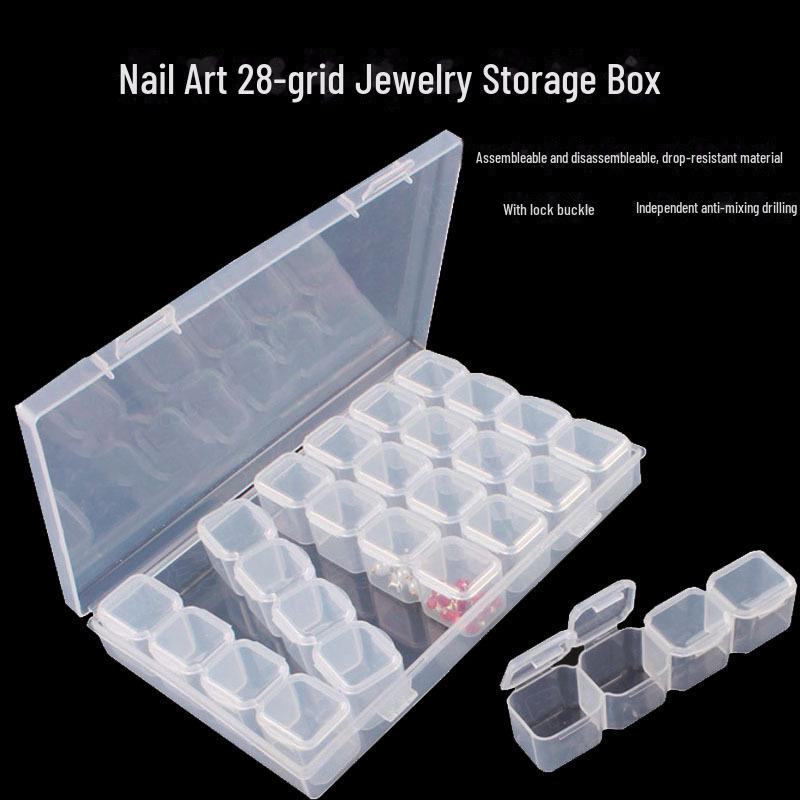 Small Jewelry Storage Box with 28 Grids, Perfect for DIY, Nail Art, Medicine & Accessories. Flat Bottom Diamond Plastic Design.