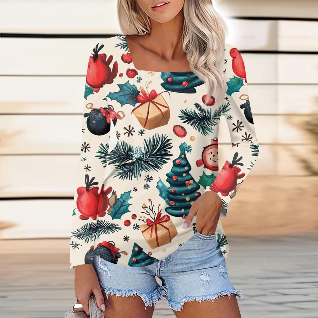 Женская модная повседневная рубашка с длинными рукавами и рождественским принтом с квадратным вырезом и длинными рукавами