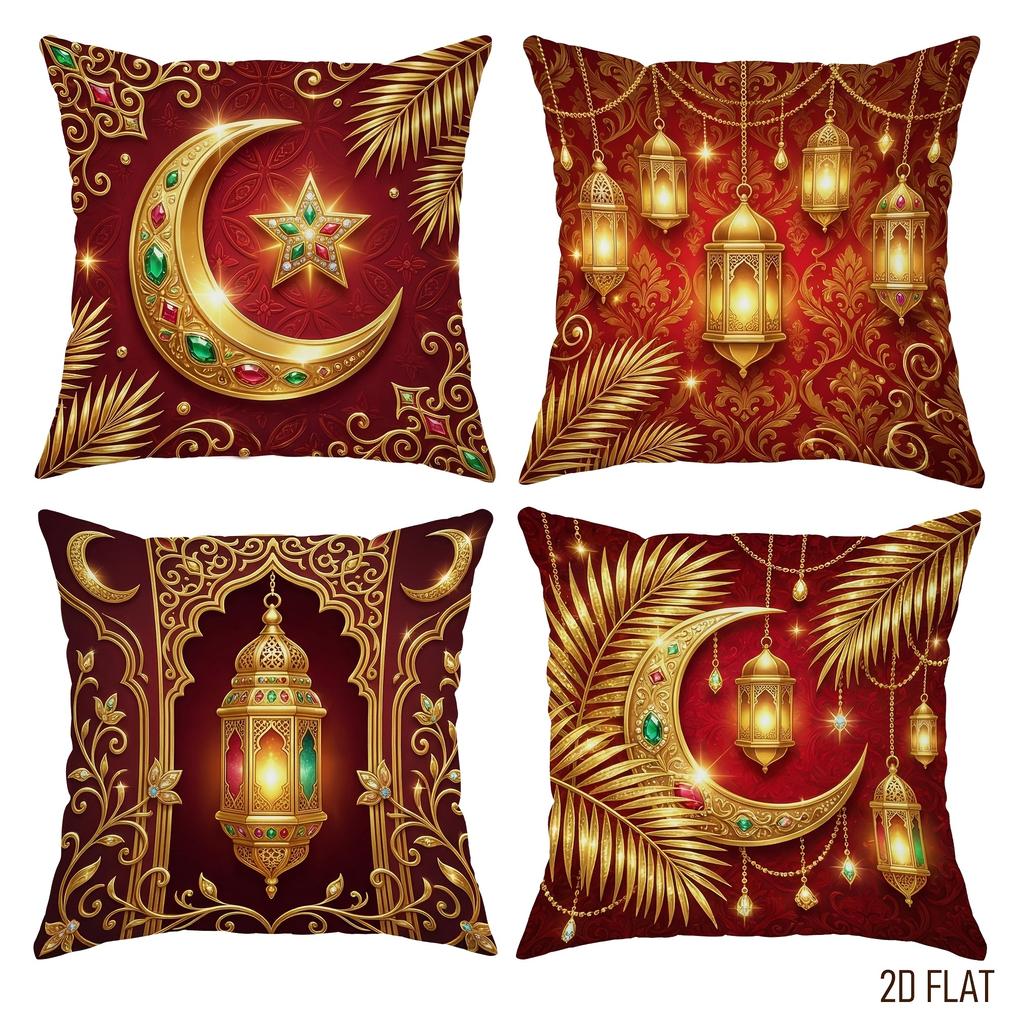 4Pcs Islamic Cushion Cover Ramadan Gold Moon Star Lantern Printed Pillow Case Polyester Home Decor Sofa Living Room 2D Flat