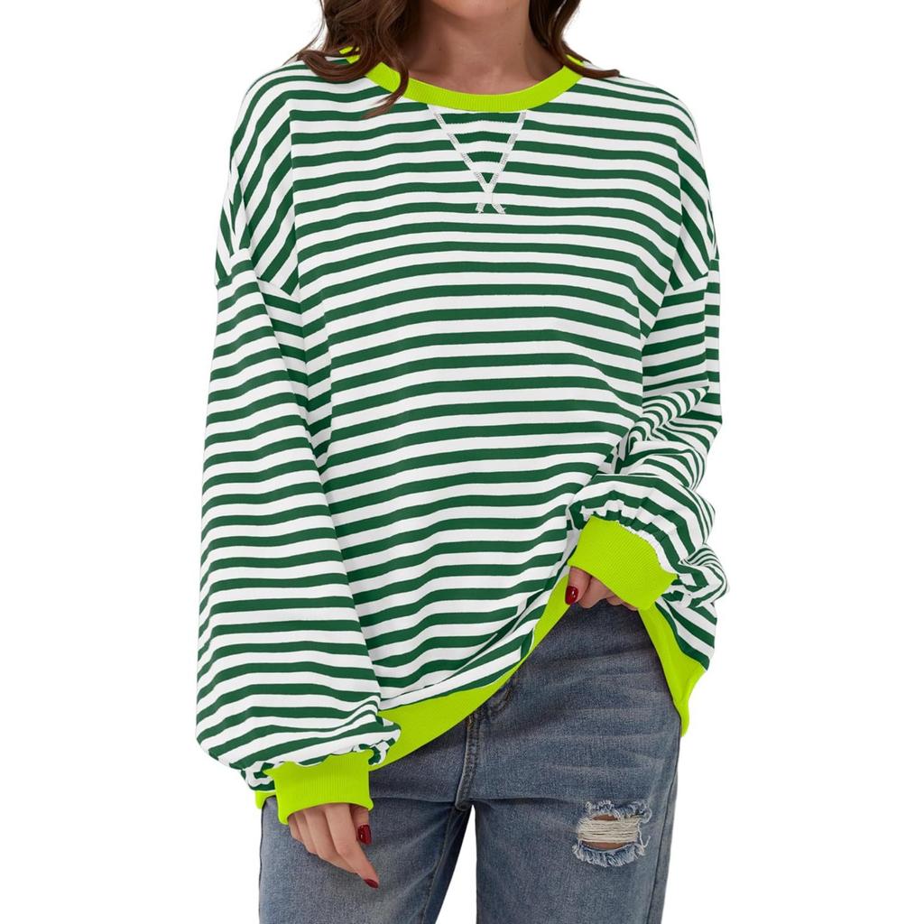 Women's Round Neck Long Sleeve Loose Fit Striped Color Block Sweatshirt Casual Top