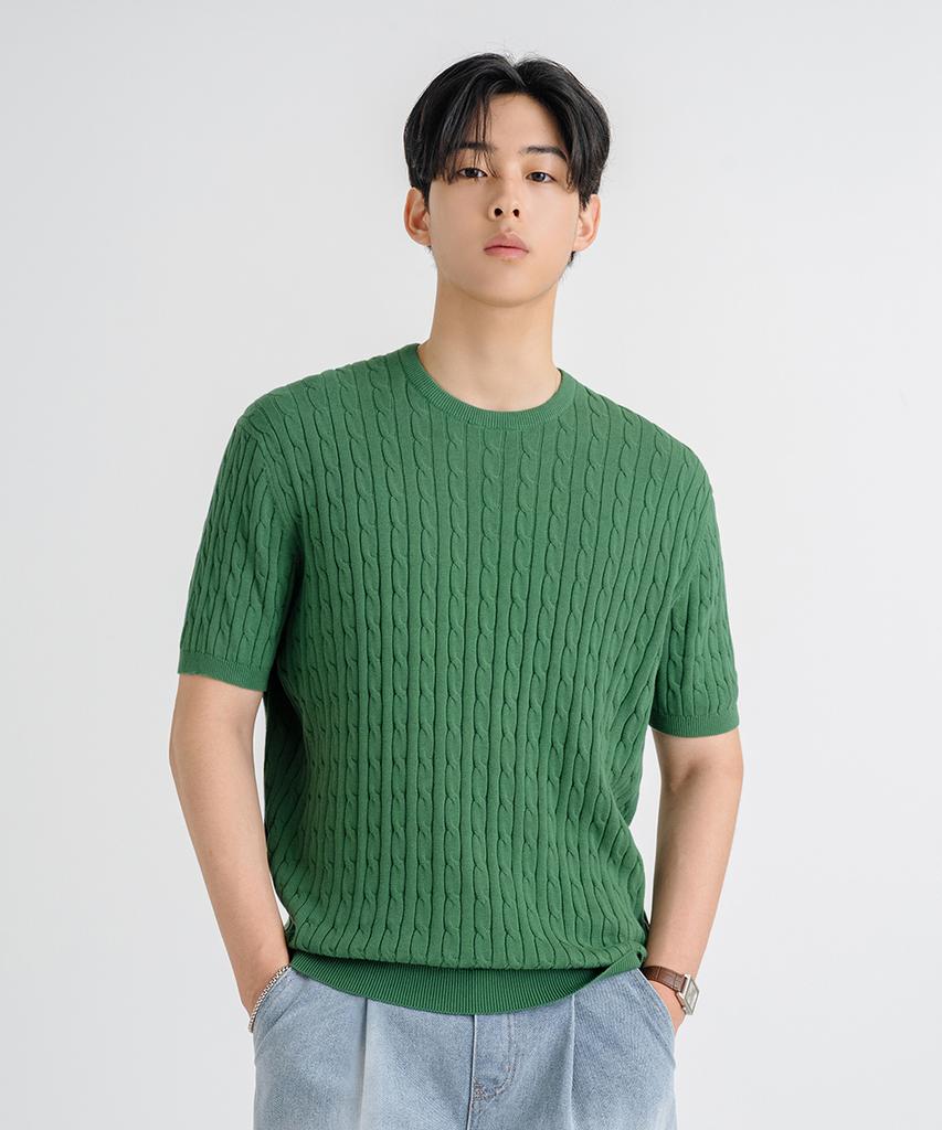 LEMAIN SECOND Oversized Washable Crew Neck Cable Short Sleeve Knit [Green]