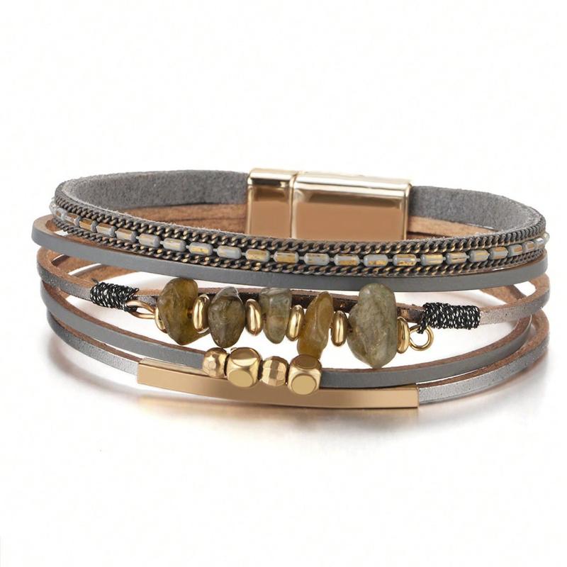 One Piece European and American Style Natural Stone Beaded Brass Tube Design Cowhide Rope Women Green Bracelet Summer Beach