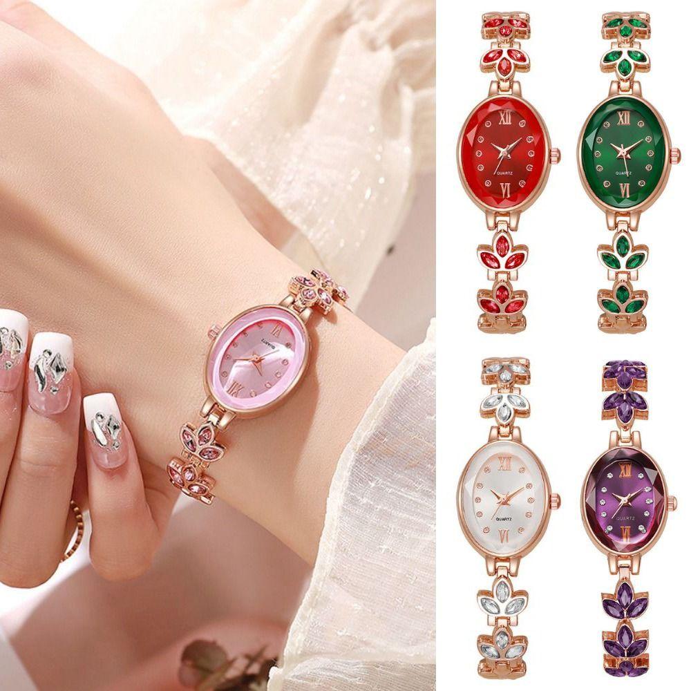 Rhinestone Quartz Ladies Watch Bracelet-Style Analog Watch 3-Leaf Clover Wristwatch Women