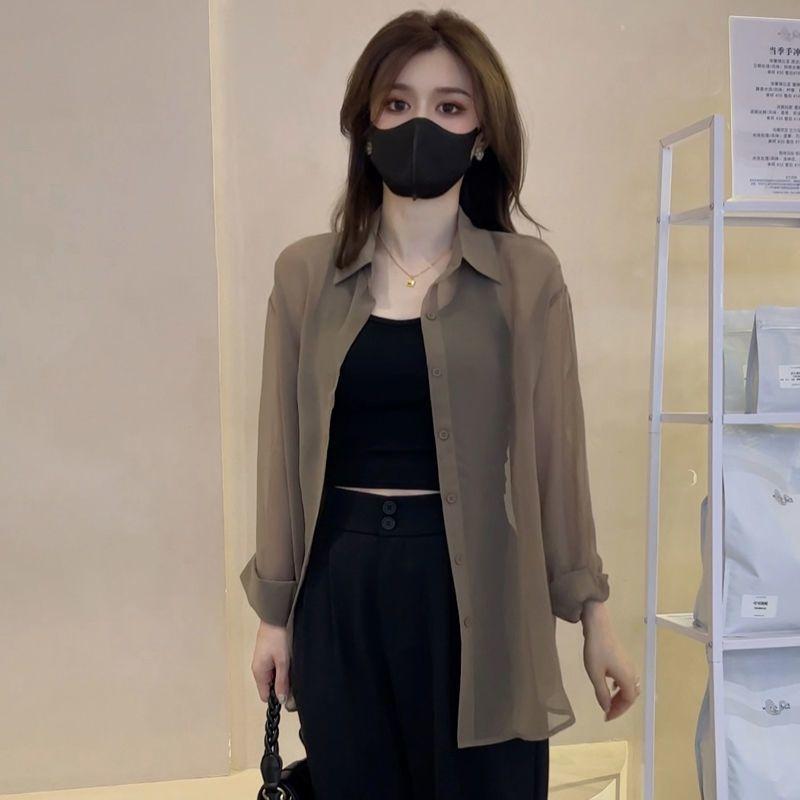 Однотонная свободная рубашка на пуговицах спереди, повседневная прозрачная тонкая рубашка с длинными рукавами на весну и осень, женская одежда