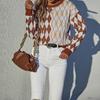 Vintage Fashion Elegant Casual Women's Fall Long-sleeved Diamond Sweater Loose Round Neck