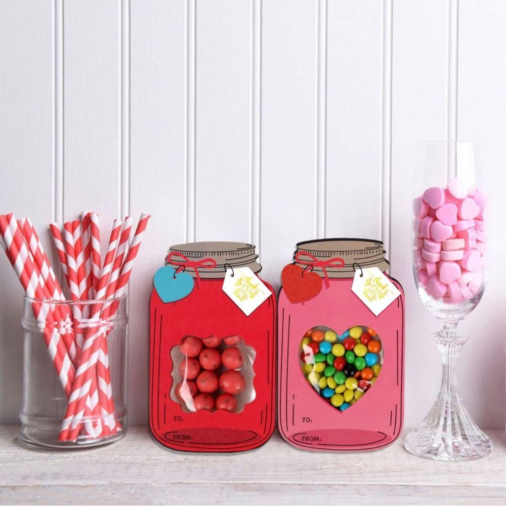 25/50Pcs Valentines Day Cards Clear Sealed Bags Heart Window Valentine Exchange Cards Kraft Paper Candy Packaging Bags