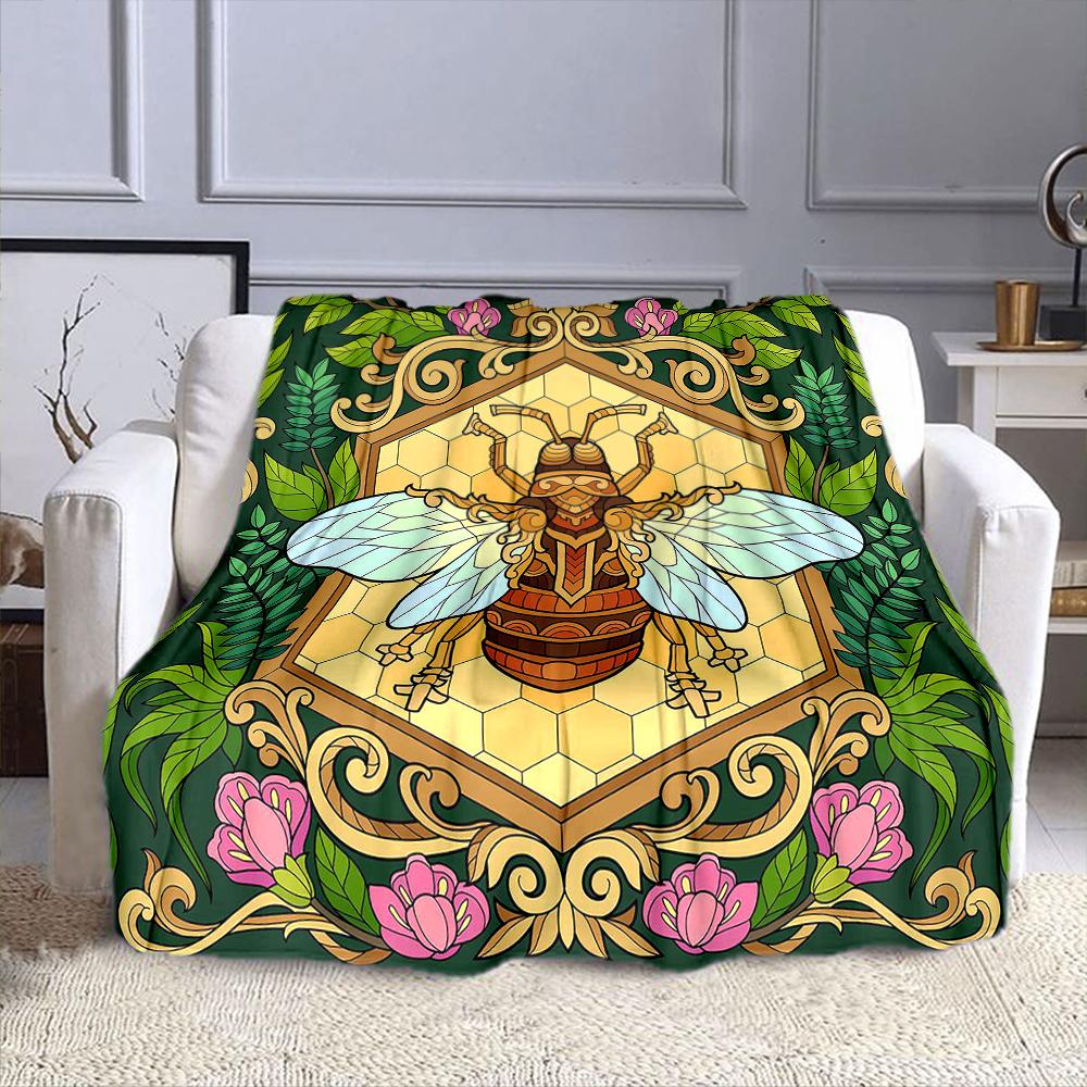 Geometric Bee and Floral Design. Patterned flannel blanket perfect for the bedroom living room, sofa, or a little nap