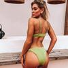 Women Triangle Oversize Split Bikini Set Suit Tie Side G-String Thong Swimsuit Suspenders Green Solid Color