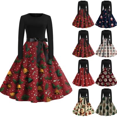 Женское модное повседневное платье приталенного кроя с круглым вырезом, рождественским принтом и длинными рукавами