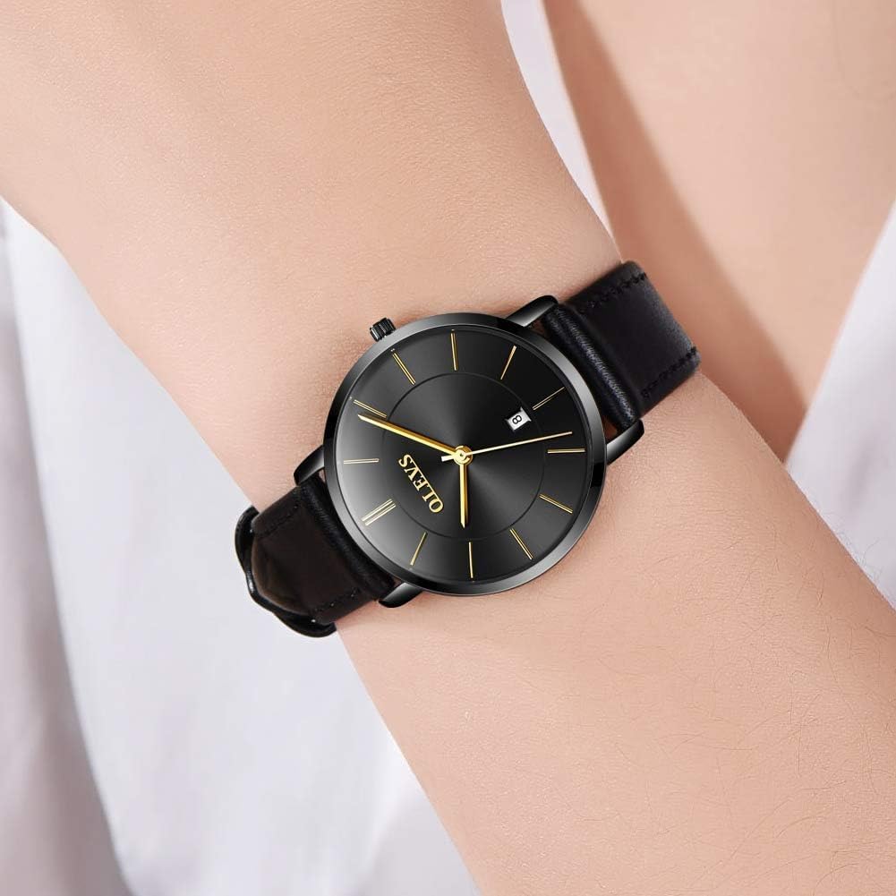 Arm Ultra For Leather Simple Easy To Thin and High School Student Watch for Women Ladies Watch OLEVS Strap Black Case Black Dial Women's Watch, Blue,