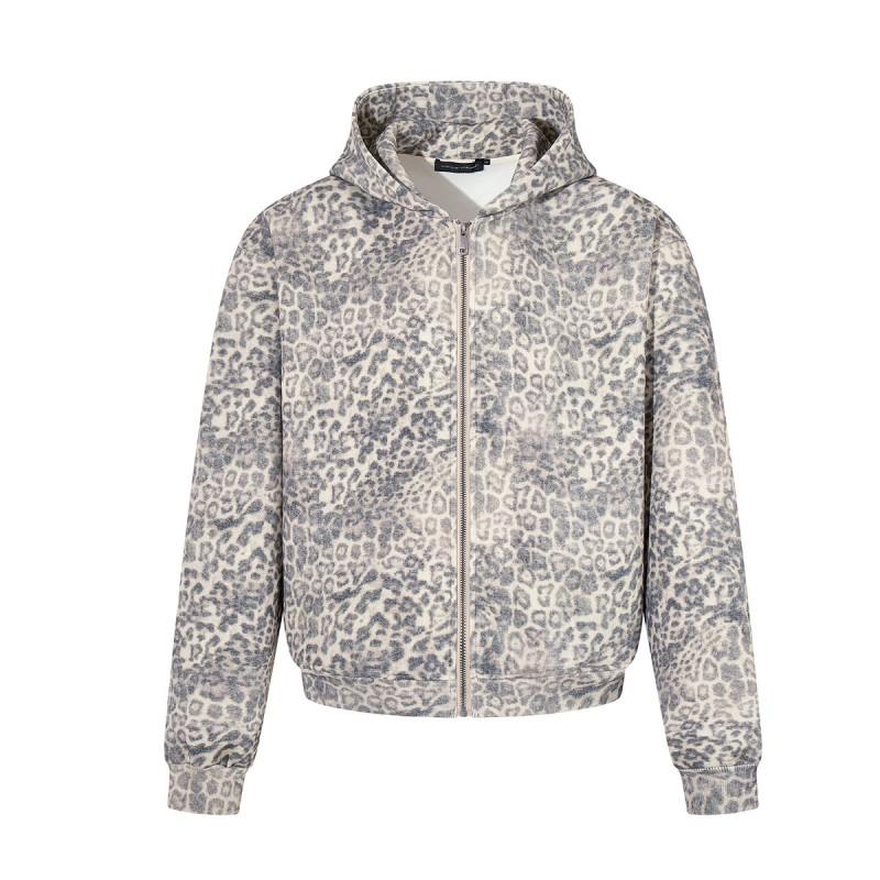 Mens Oversized Hooded Zip-Up Sweatshirt With Leopard Print Retro Streetwear Style