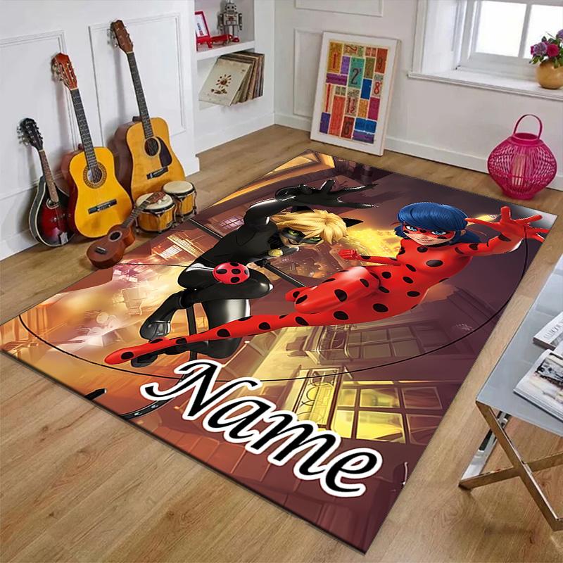 Custom Ladybug Mat Personalized Name, Polyester Washable Indoor Entryway Rug, Gift for Christmas, Easter, Thanksgiving Day