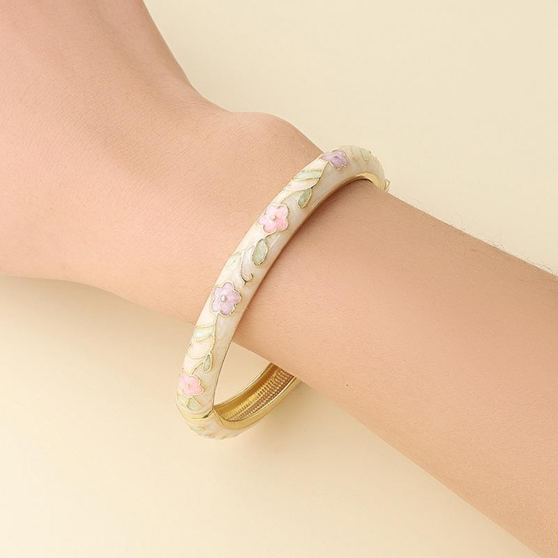 Vintage Cloisonne Enamel Bangle Gold Plated Hinged Colorful Floral Retro Jewelry for Women Christmas Holiday Gift