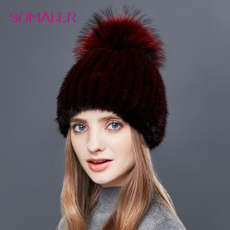 SOMALER Real Mink Fur Hat Female High Quality Thick Warm Winter Hats For Women Fashion Luxury Fur Pompom Beanies