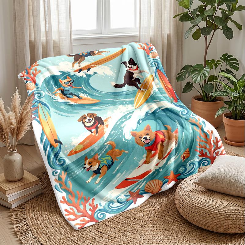 Surfing Dog Paradise Theme blanket Lightweight Warm Flannel Blanket Decorative Throw Blanket for Home Decoration